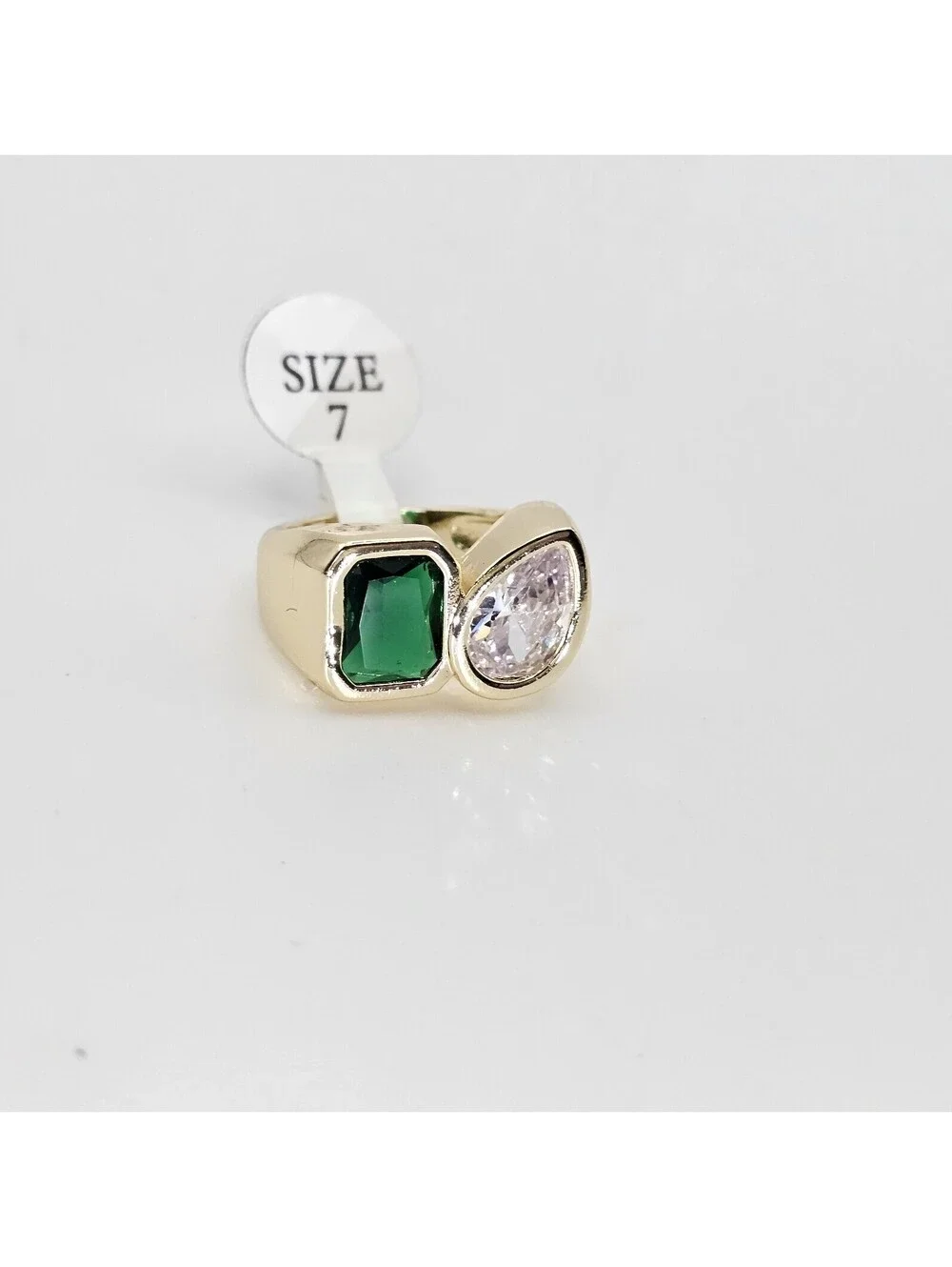 Emerald Green & Pear CZ Statement Ring Size 7 14K Gold Plated Chunky Pinky Ring